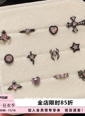 Pink Daily黑色闪钻甜酷辣妹风钛钢耳钉女锆石十字架耳骨钉耳饰