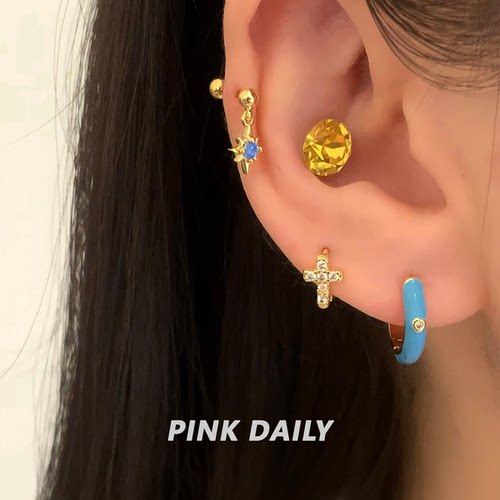 Pink Daily金色高级感气质耳钉女设计感超闪锆石十字架耳环耳饰