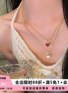 Pink Daily红色双面贝母爱心吊坠钛钢项链女简约锁骨链装饰毛衣链