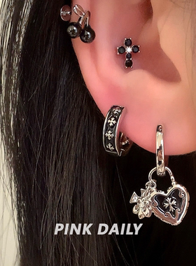Pink Daily黑色爱心吊坠十字架耳环女钛钢耳钉气质双耳洞独特耳饰