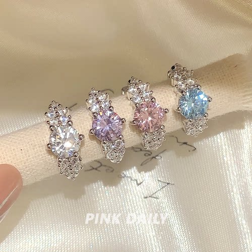 Pink Daily粉色爆闪锆石钛钢直针耳环女闪钻高级感甜美耳骨环耳饰