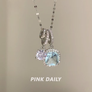 Pink Daily蓝色方钻超闪锆石吊坠锁骨链女钛钢不掉色颈链气质项链