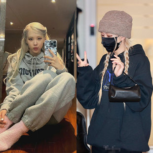 blackpink朴彩英ROSE同款卫衣服宽松懒庸印花套头加绒秋冬连帽衫