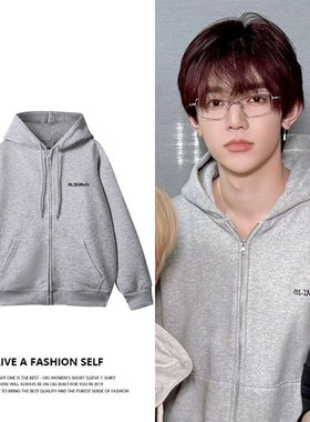 ZB1章昊同款卫衣服灰色宽松印花拉链帽衫薄款加绒秋冬季男女外穿