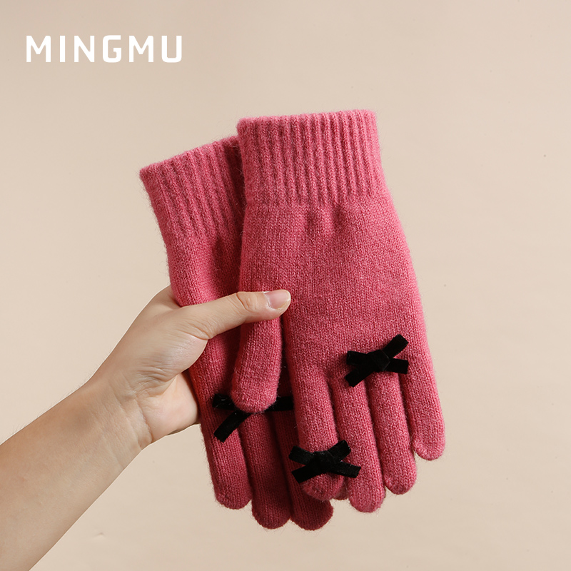 蝴蝶结手套女冬季针织毛线冬天学生可爱开车骑行电动车防寒送女友
