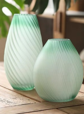 创意绿色扭纹磨砂玻璃花瓶现代简约家居客厅装饰摆件鲜花水养花
