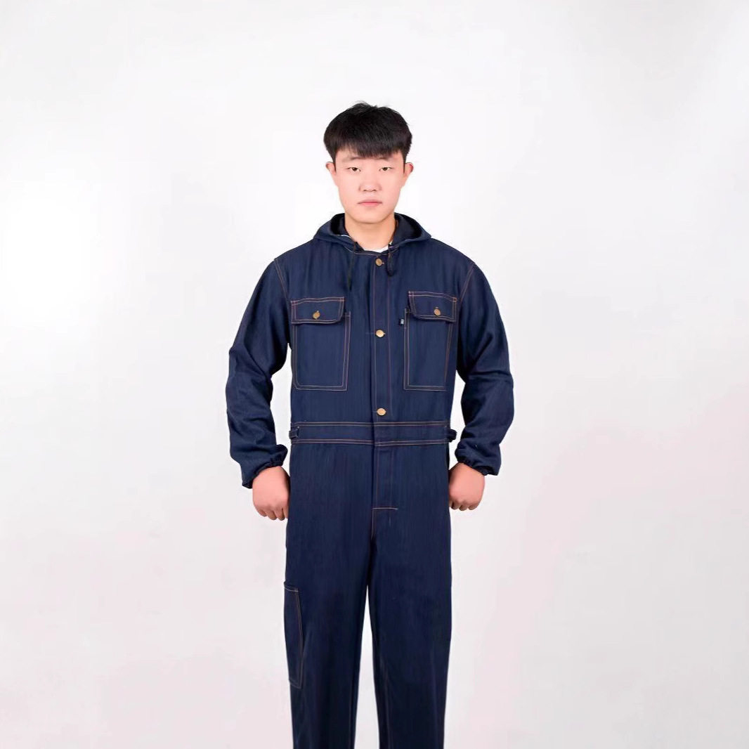 牛仔连体服带帽工作服男女防尘汽修厂电焊一体服套装工装棉质长袖
