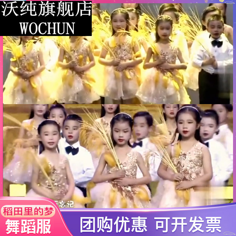 稻田里的中国梦演出服装儿童主持人纱裙黄男童背带裤套装口才表演