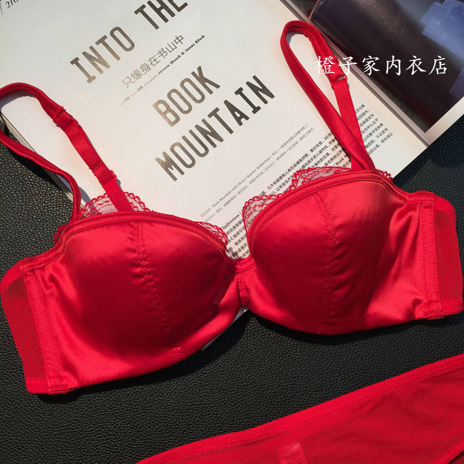 欧美性感薄款蕾丝半杯二分之一罩杯少女内衣本命年大红色文胸套装