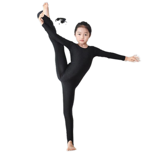儿童演出服女孩男童紧身体操长袖长裤连体衣服黑色白色舞蹈练功服