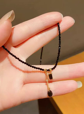 气质名媛黑色水晶流苏项链锁骨链