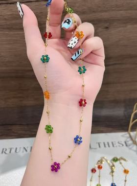 彩色多巴胺水晶花朵项链女颈链饰品套装配饰百搭款锁骨链时尚吊坠