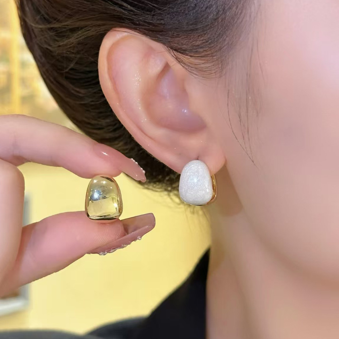 欧美时尚复古法式木瓜耳钉女水滴滴釉耳扣简约百搭小众气质耳饰女