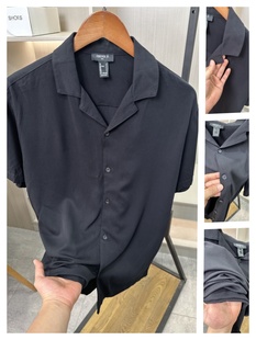 北美外贸凉爽细滑人造丝男士休闲古巴领衬衫夏季短袖薄款衬衣外套