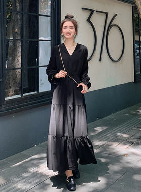 黑色法式2026年春秋新款连衣裙收腰显瘦长款裙子赫本风到脚踝长裙