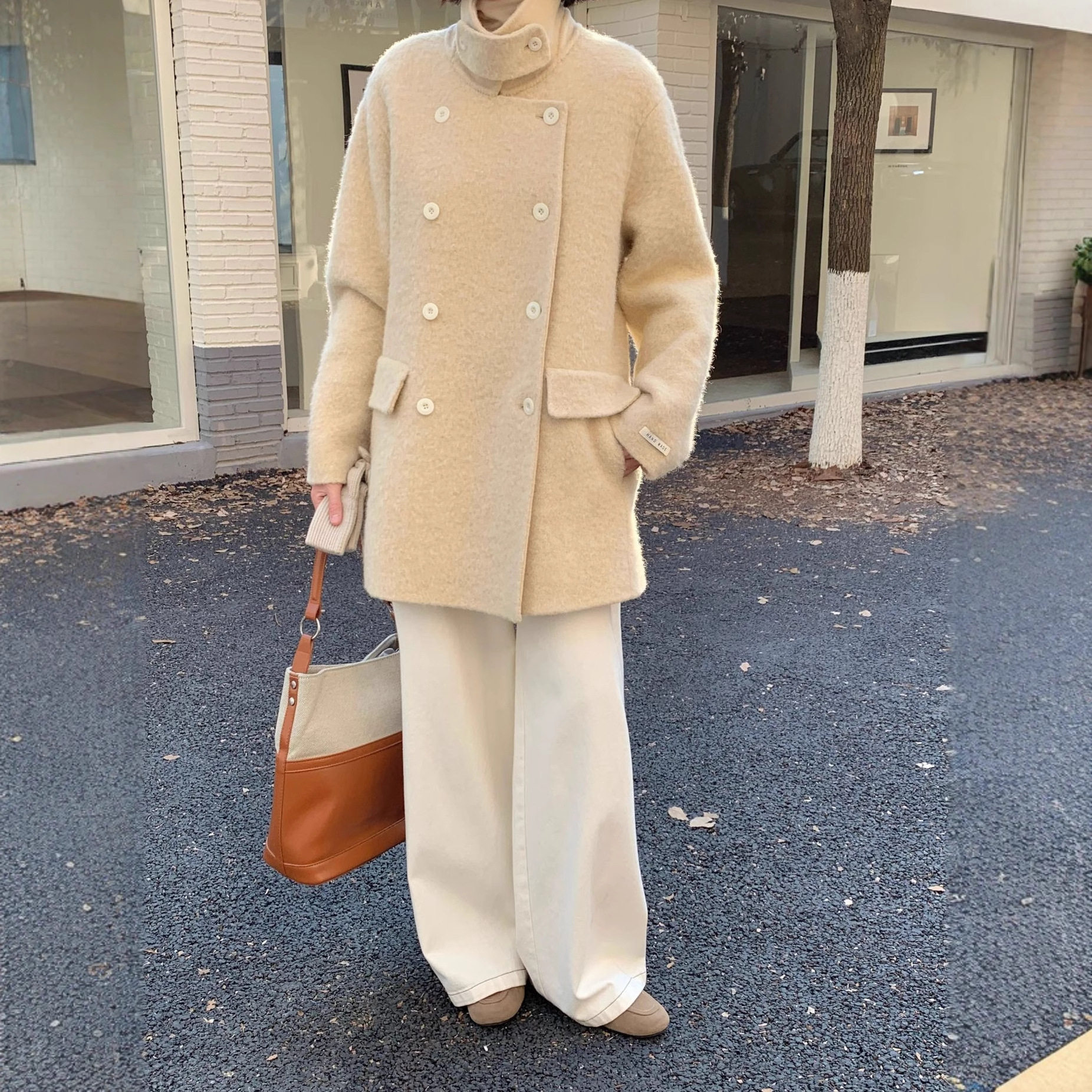 中长款羊绒大衣女韩国东大门OUNCE新款翻领双排扣苏力羊毛呢外套