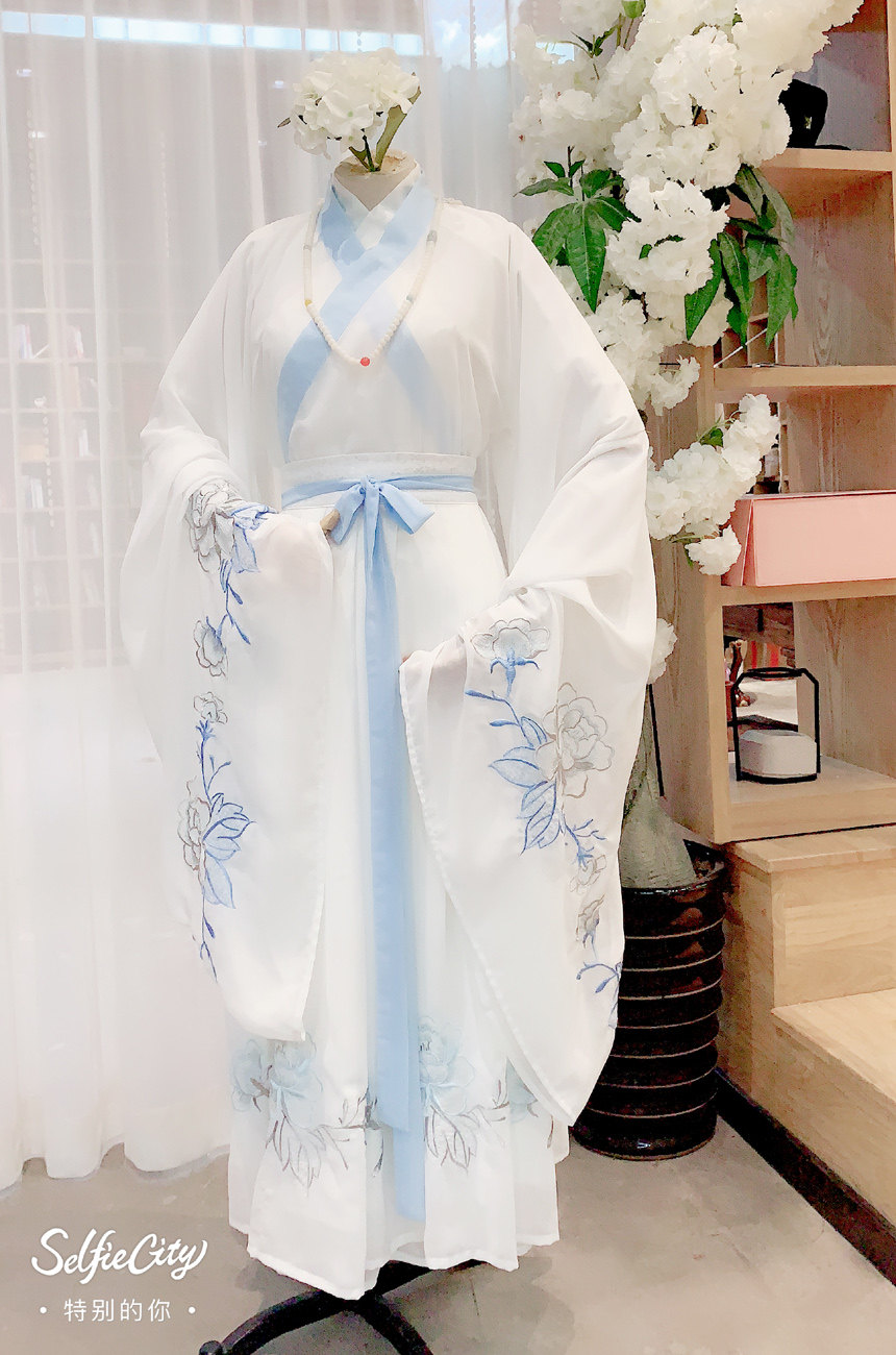 私家汉服中国古风绣花刺绣牡丹白色交领大袖衫仙气魏晋风现货定制