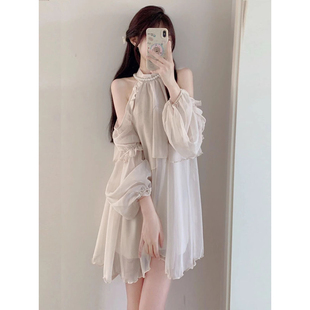 穿搭露肩雪纺上衣高级感 法式 甜美初恋公主短裙女夏季 时尚 两件套装