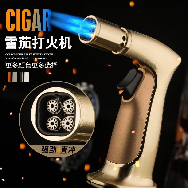 汉尼雪茄专用打火机4孔喷枪防风充气直冲侧出蓝火艾灸香焊枪礼盒