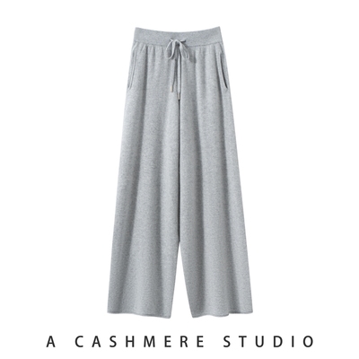 12针针织100%山羊绒直筒裤女纯色显长系带针织阔腿裤女秋冬