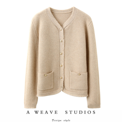 冬天必入款！ 秋冬新款纯山羊绒外套女小香风金扣华夫格开衫女