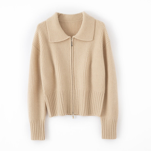 100%纯山羊绒衫女款POLO领拉链百搭针织开衫毛衣外套2025秋冬季新