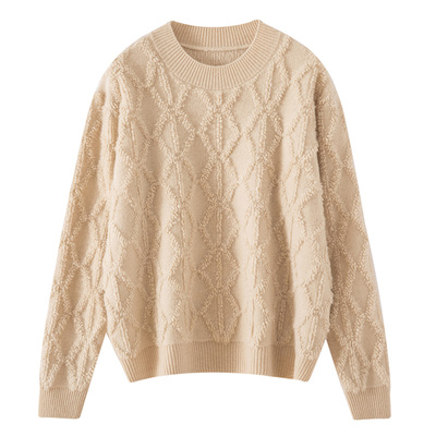 2025秋冬季新款100%纯山羊绒衫女款圆领菱形格百搭针织套头毛衣