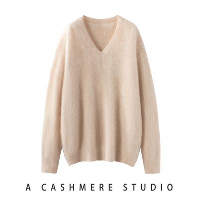 重磅拉绒v领100%纯山羊绒衫女轻奢宽松加厚毛衣保暖秋冬打底衫女