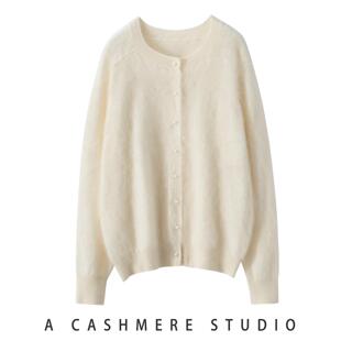 2025秋冬新款拉绒100%纯山羊绒开衫女圆领加厚宽松轻奢毛衣外套女