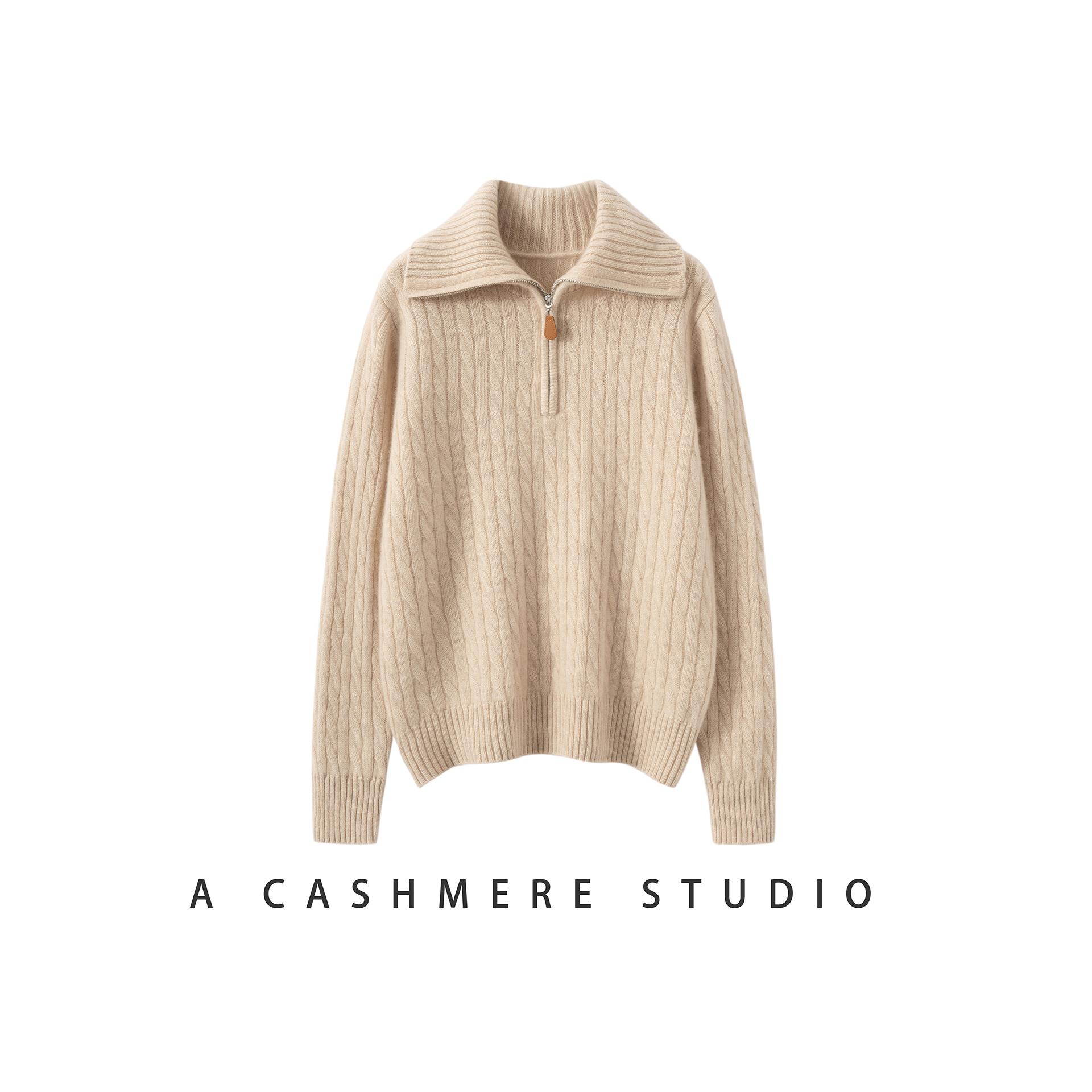 秋冬100%纯山羊绒衫女POLO翻领针织衫宽松半拉链打底毛衣加厚软糯