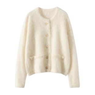 经典升级 重磅大克重加厚拉毛100山羊绒圆领开衫女拉绒毛衣上衣