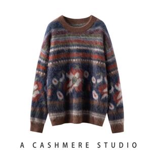 拉绒重工提花圆领加厚毛衣慵懒风蚕丝山羊绒宽松毛衣保暖打底衫女