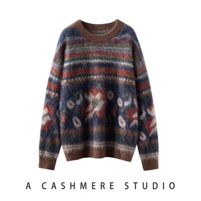 拉绒重工提花圆领加厚毛衣慵懒风蚕丝山羊绒宽松毛衣保暖打底衫女