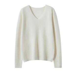 新款100%纯羊绒衫V领女毛衣时尚白色宽松反正针山羊绒针织打底衫