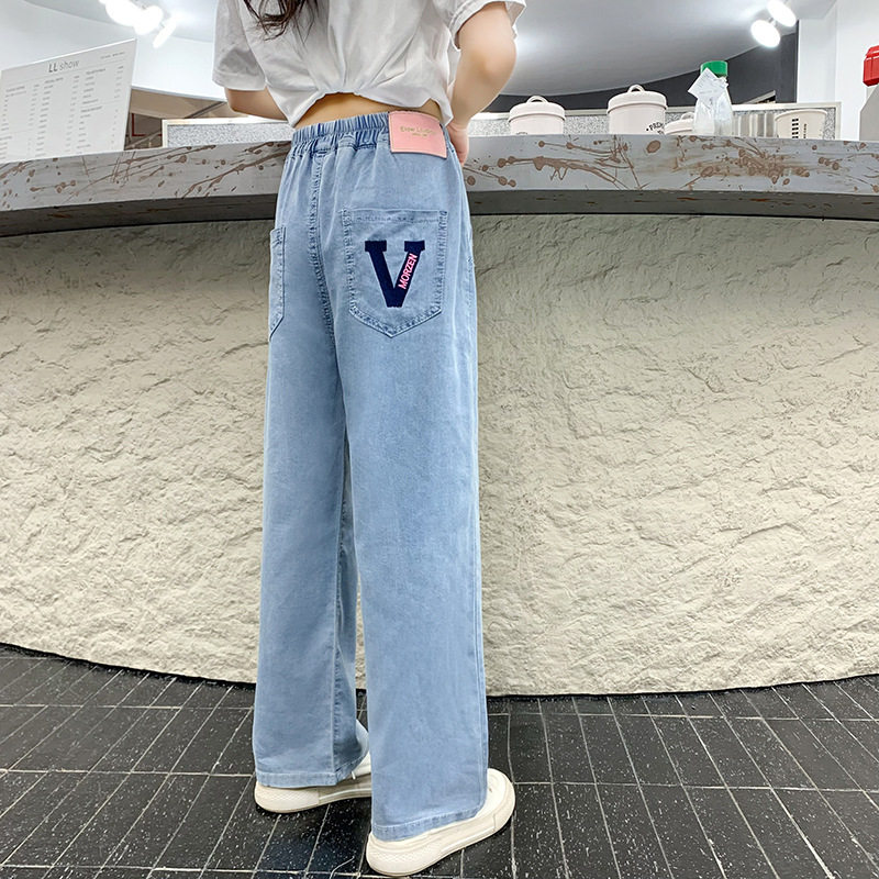 女童天丝阔腿裤夏季薄款洋气直筒休闲裤时髦宽松韩版女孩牛仔裤潮