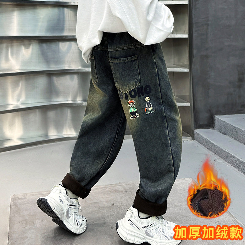 男童加绒牛仔裤2025新款中大童卡通刺绣直筒长裤冬季加厚