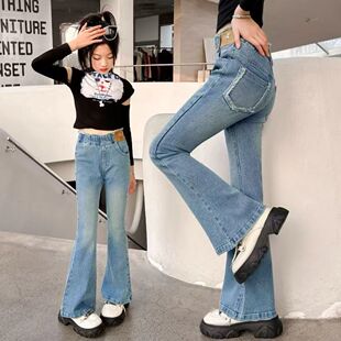 女童牛仔裤春秋2025新款儿童春季直筒裤小个子女孩贴标微喇阔腿裤
