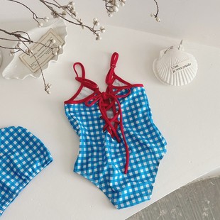 女童格子泳衣夏韩系宝宝系带洋气连体泳装 小女孩海边度假风游泳衣
