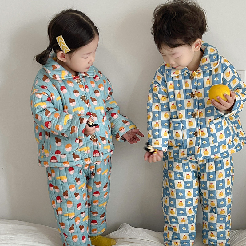 儿童家居服三层夹棉卡通保暖男女童睡衣加绒加厚宝宝冬款两件套厚