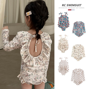 ins新款 分体宝宝沙滩泳装 夏ks 防晒女童连体泳衣裤 儿童泳衣长袖