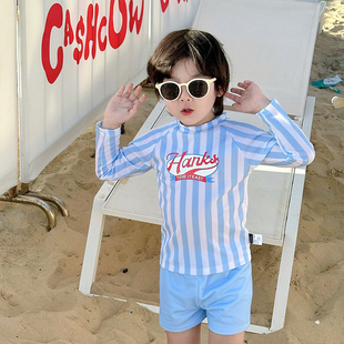 2026儿童泳衣男童新款 防晒速干中小童男孩度假游泳衣 条纹分体长袖