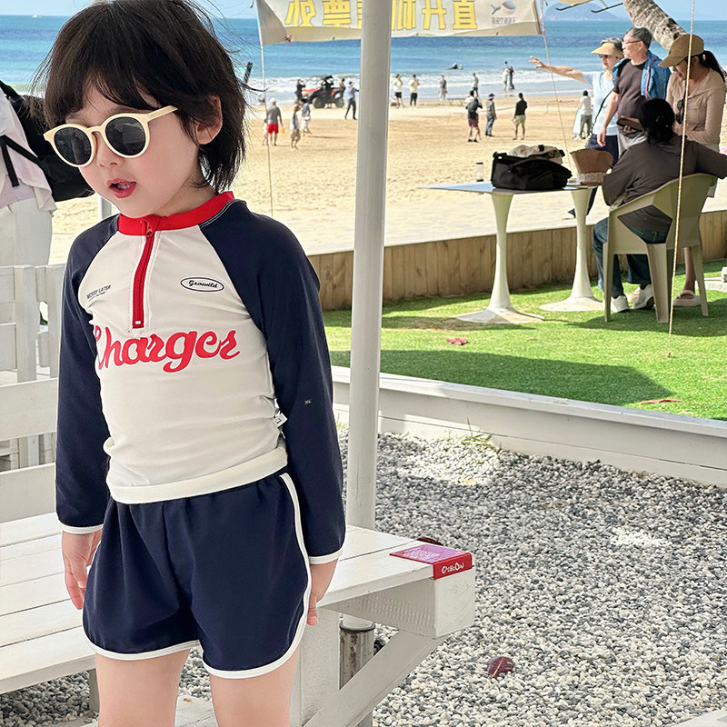 儿童泳衣韩国男童洋气宝宝长袖速干防晒游泳衣泳裤男孩分体泳装潮