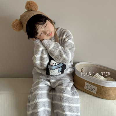 男童冬季半边绒睡衣2025新款中小童秋冬款男孩儿童加绒加厚家居服