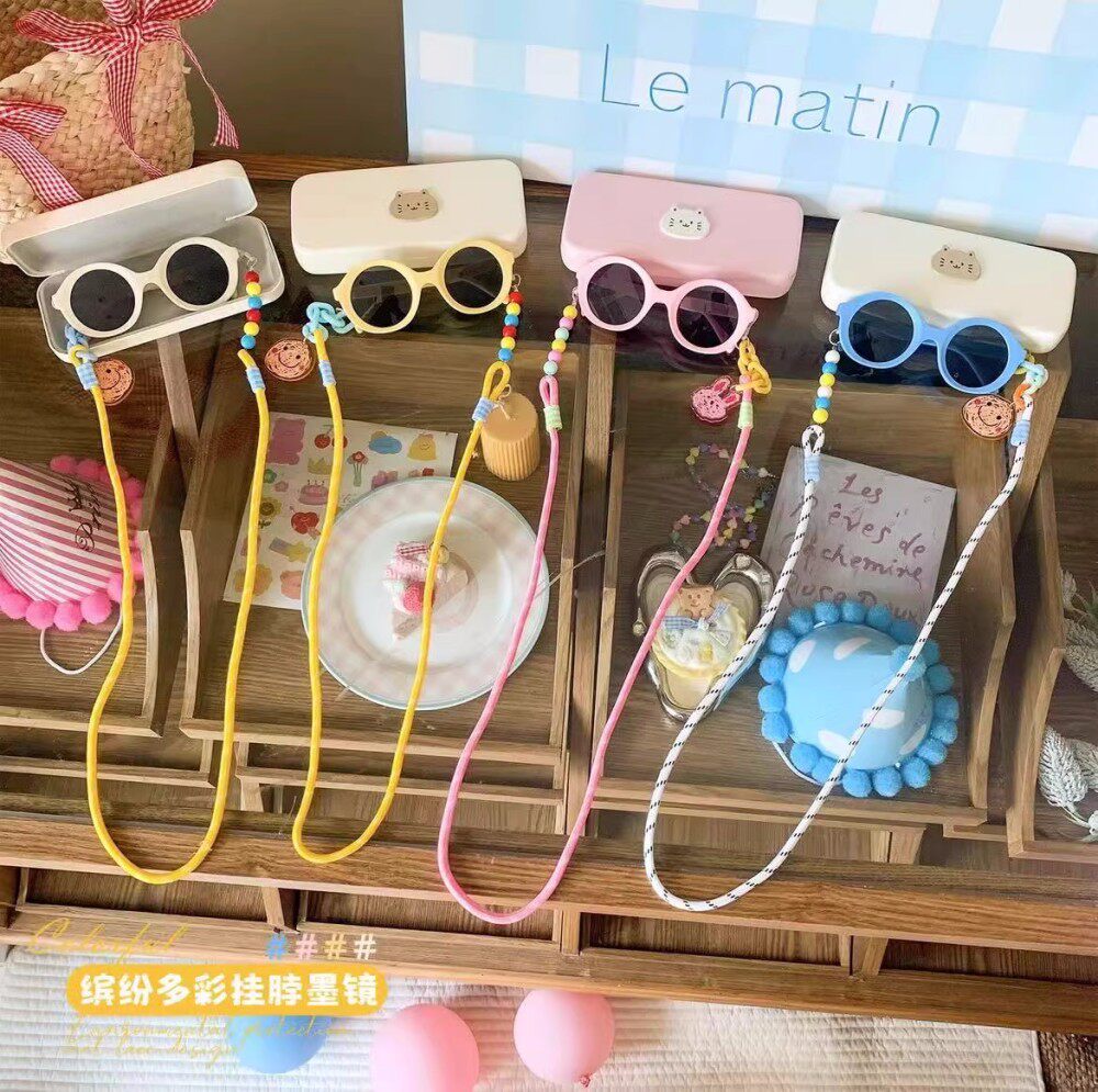 ins儿童太阳镜挂绳带盒三件套洋气多巴胺彩色男女童墨镜防紫外线