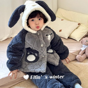 冬季儿童睡衣男童男孩三层夹棉冬天加绒加厚珊瑚绒连帽家居服套装