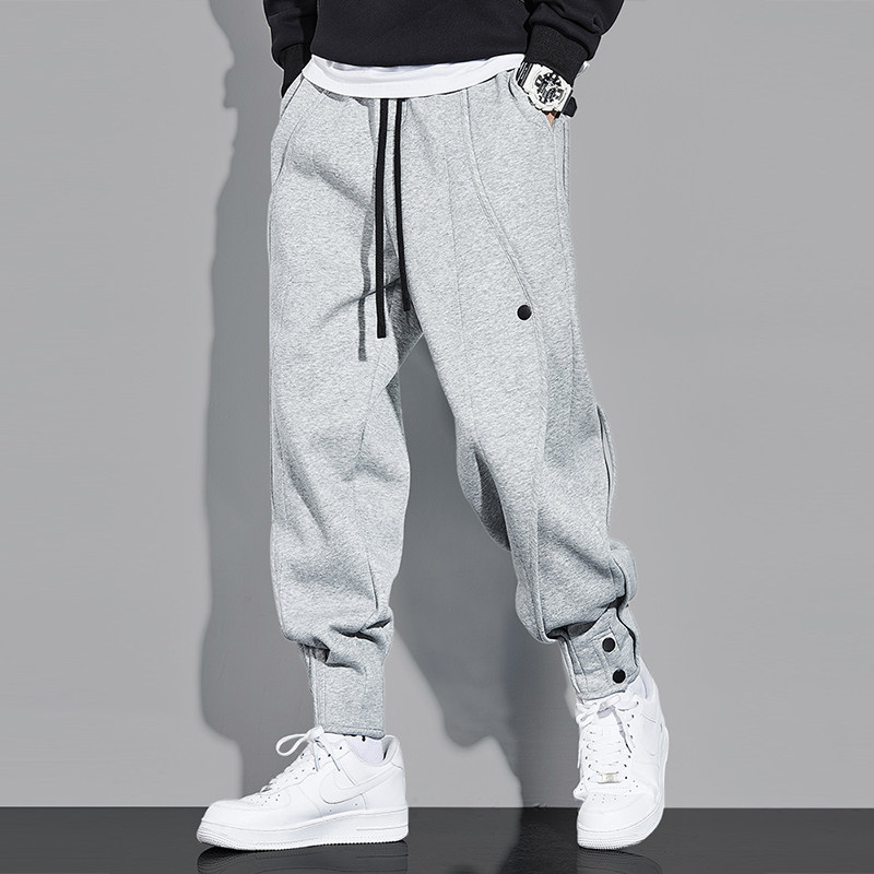 灰色卫裤男潮牌美式重磅排扣束脚宽松针织运动裤韩版潮流休闲裤子