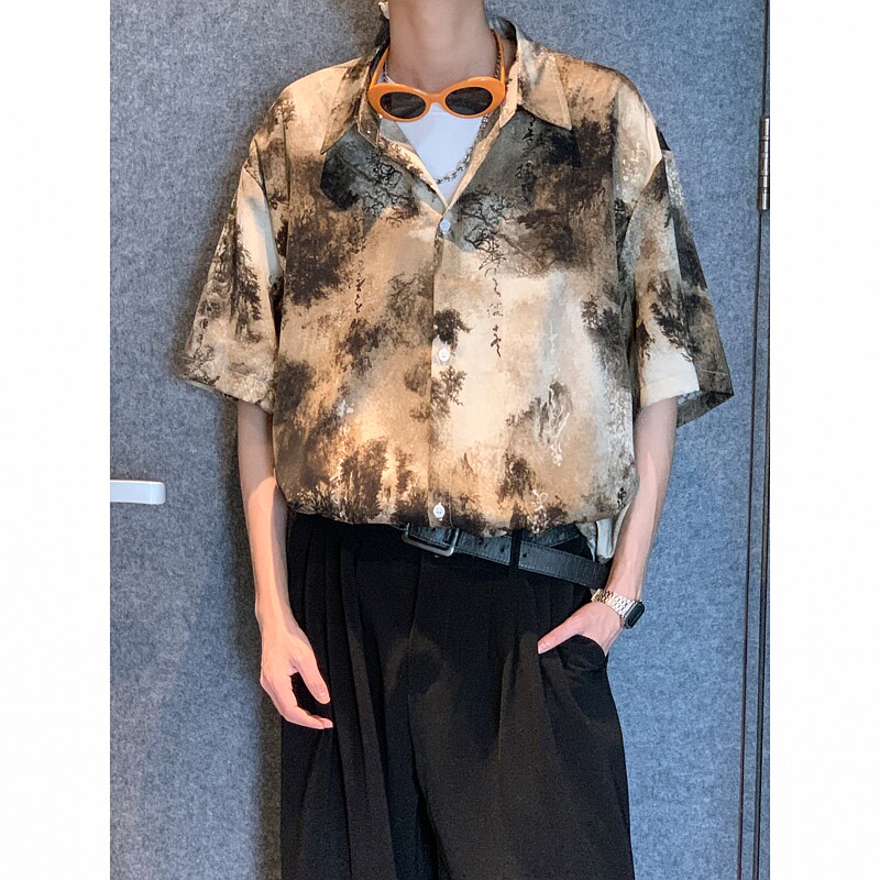 夏季水墨复古痞帅短袖衬衫男