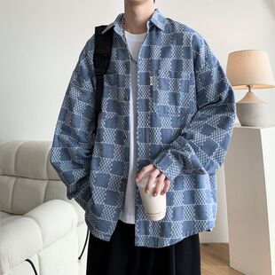 春秋款牛仔风港风大码宽松印花格子长袖衬衫痞帅外穿衬衣男外套