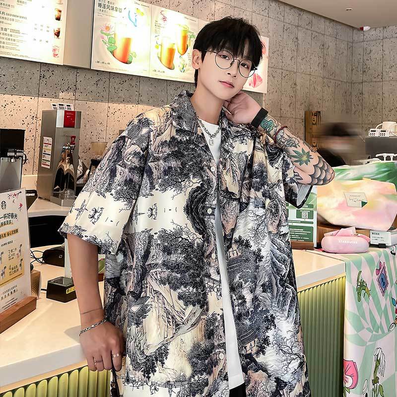 夏季男扎染短袖花衬衫水墨印花国衬衫
