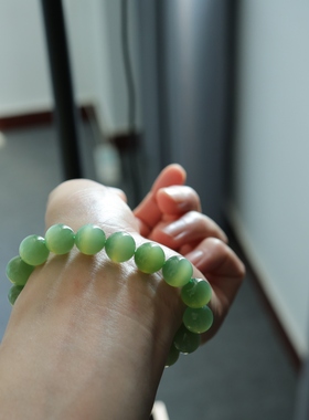 俄碧粉青猫眼碧玉手串12mm